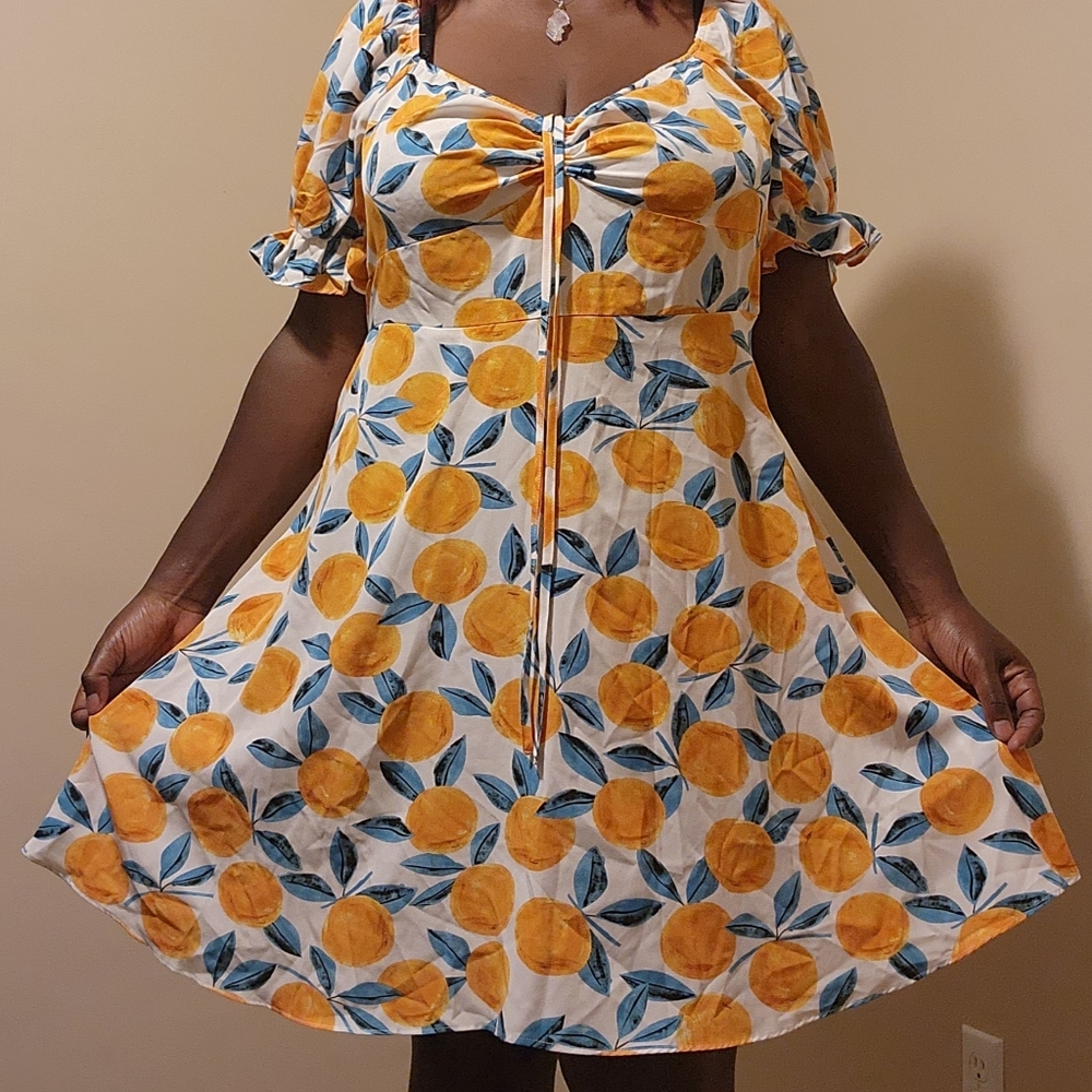 SHEIN Ruffle Cuff Fruitprint Milkmaid Dress